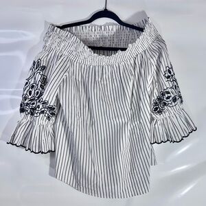 Chico's Black and White Pinstripe Off-Shoulder Blouse